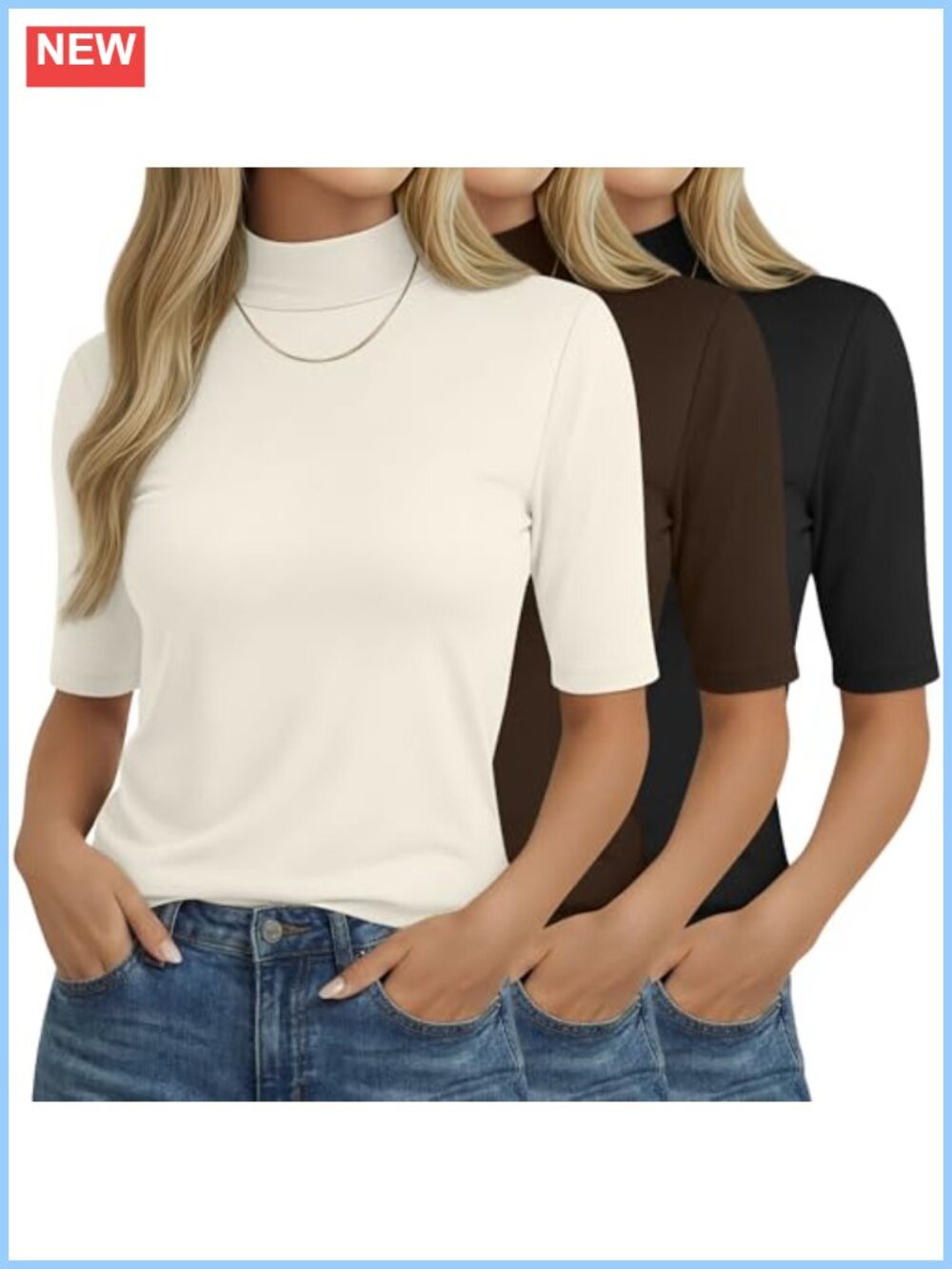 3 Pack Women's Mock Neck Half Sleeve T-Shirts Loose Fit
